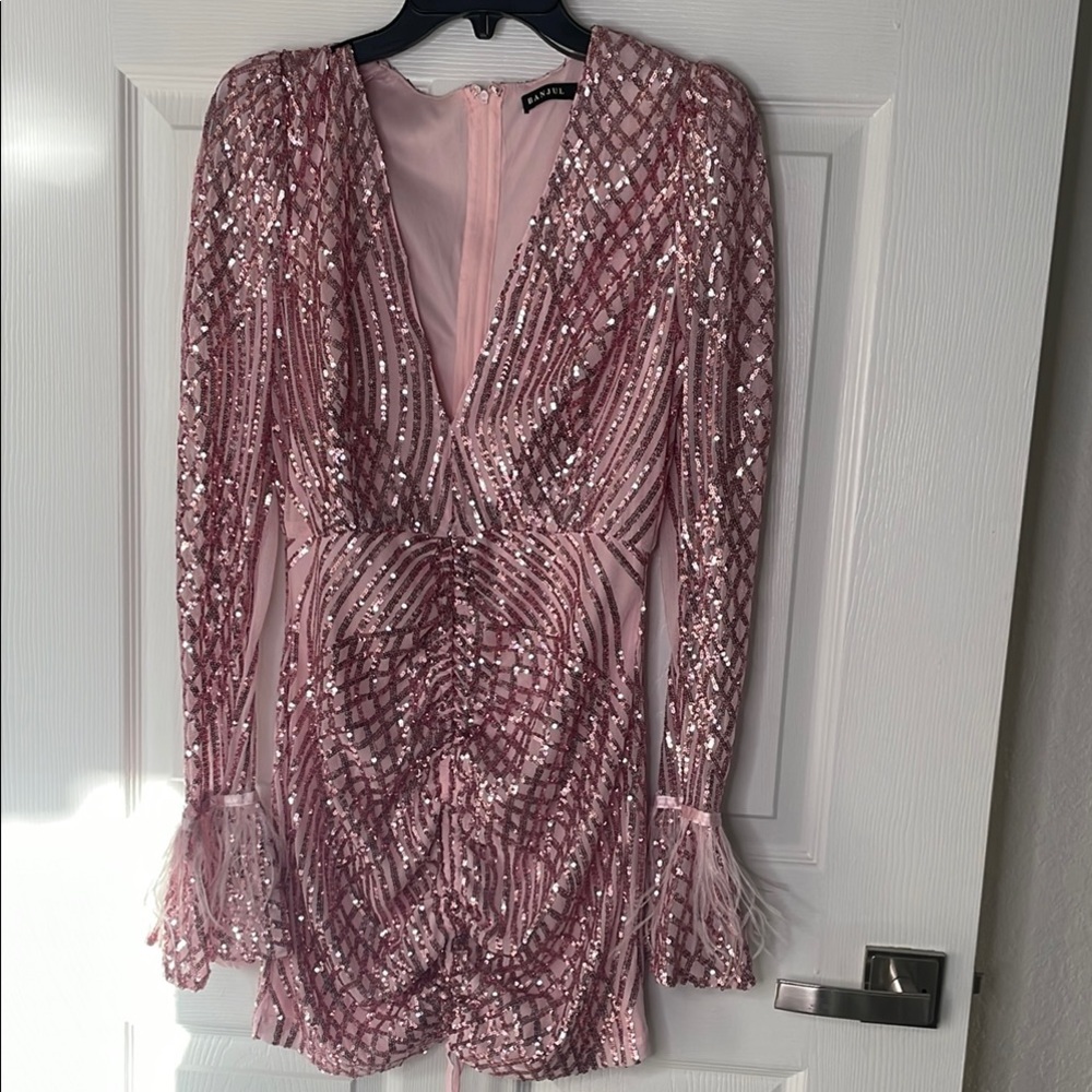 Banjul sequin feather trim sleeve dress